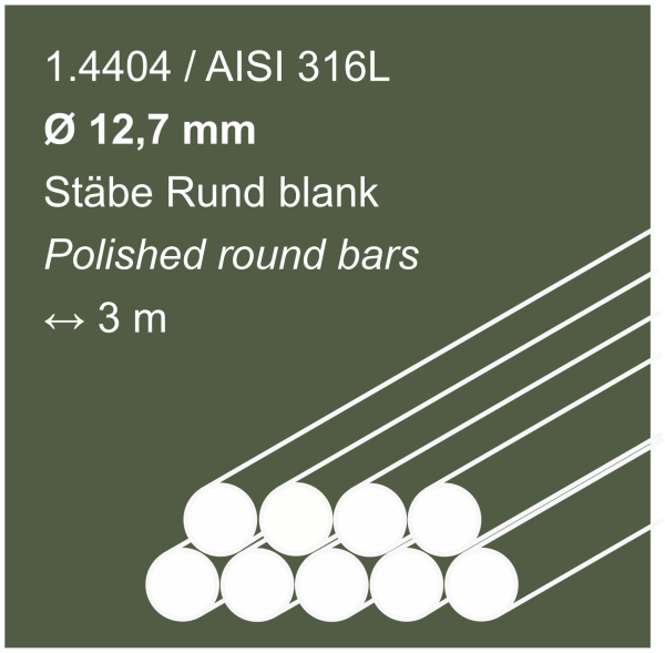 Edelstahlstäbe aus 1.4404 (316L), 12,7 mm Durchmesser, 3000 mm lang, auf einem dunkelbeigen Hintergrund abgebildet